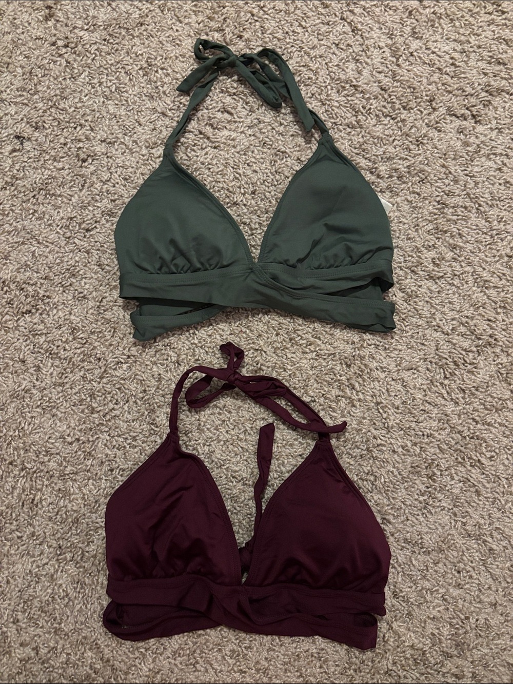 Kona Sol Maroon and Green Faux Wrap Halter Bikini Top Bundle